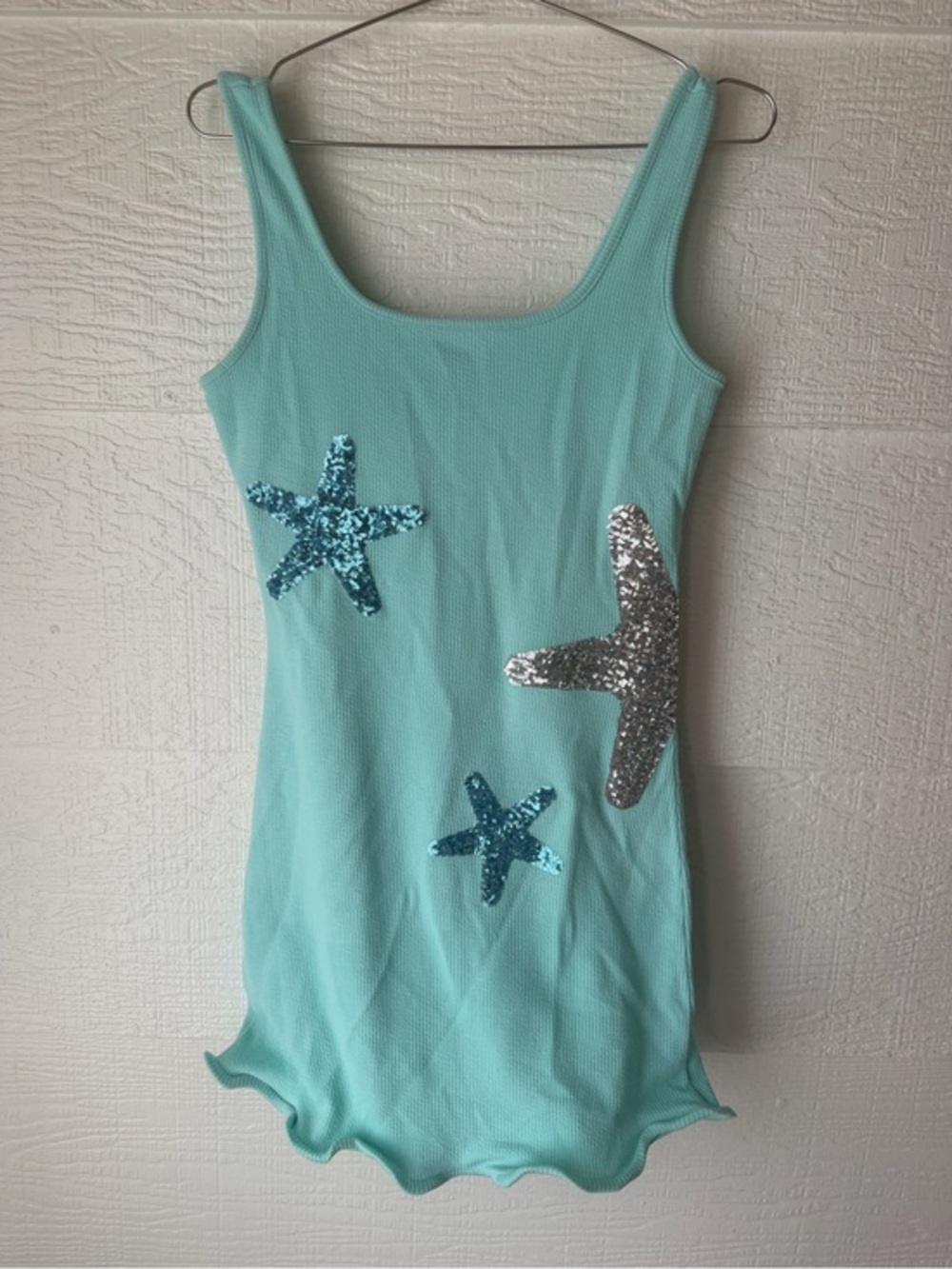 Sequin Starfish Ribbed Mini Dress Small Aqua Beach Coastal Mermaid
